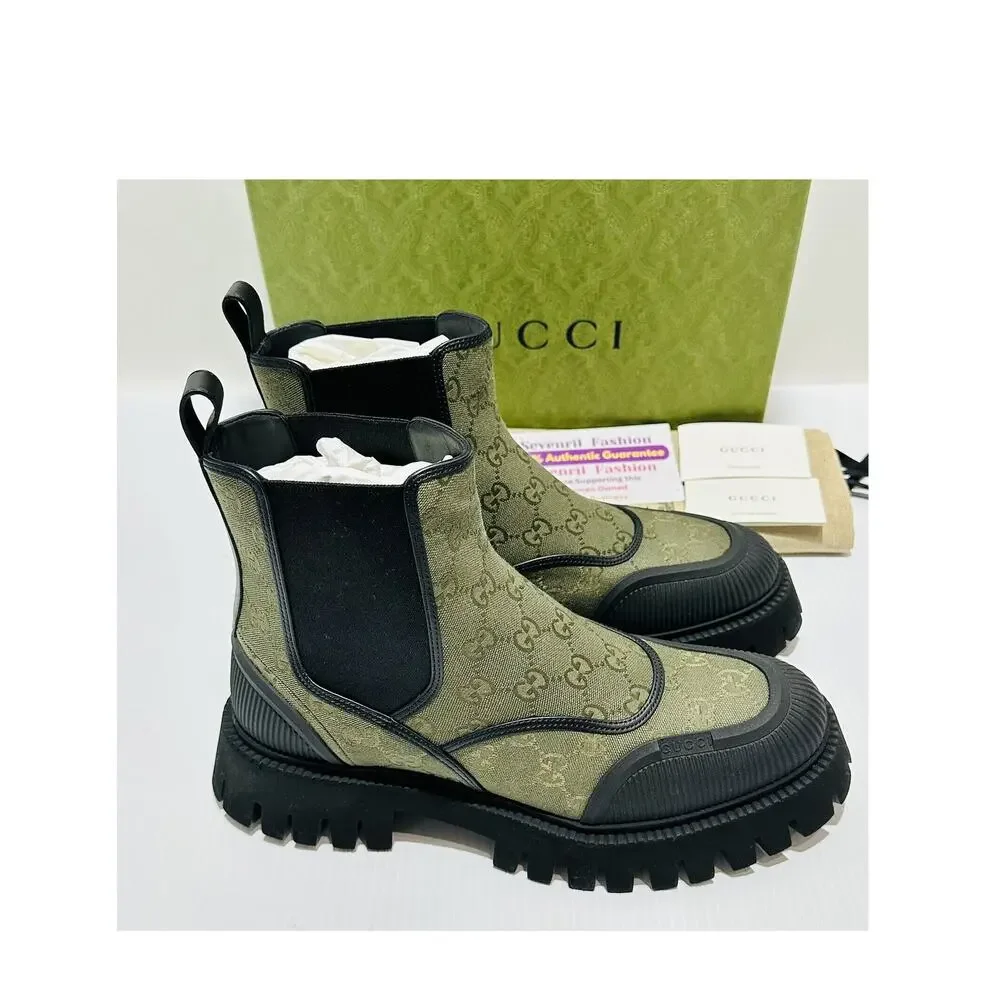 NIB Gucci GG 10.5 US 11 Jacquard Canvas Chelsea Ankle Boot Green Black $1,150